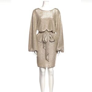 Alexis Gold Metallic Bateau Neckline Blouson Dress with Balloon Sleeves - Small